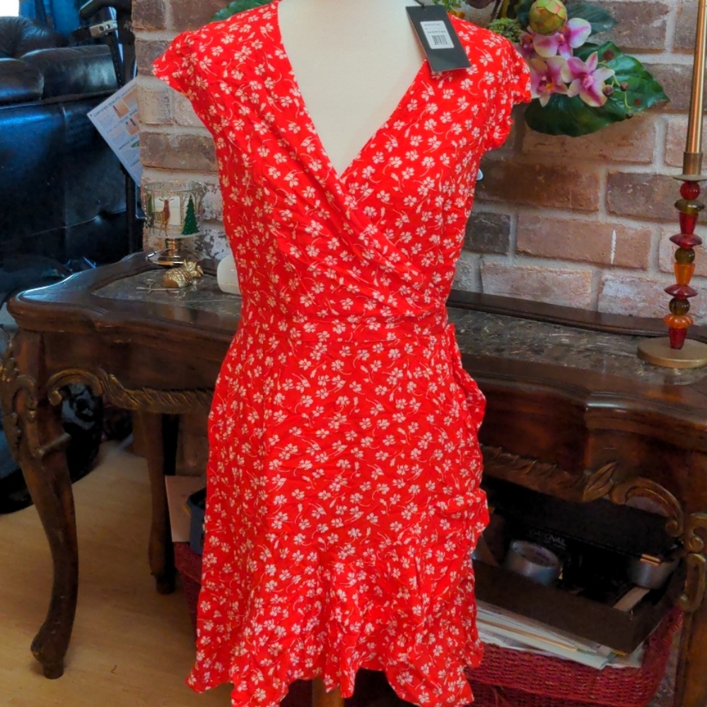 Red floral faux wrap dress